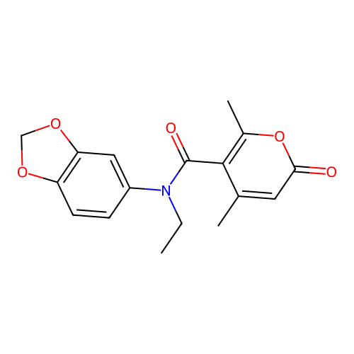 N-(1,3-benzodioxol-5-yl)-N-ethyl-2,4-dimethyl-6-oxopyran-3-carboxamide structure