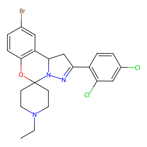 9'-bromo-2'-(2,4-dichlorophenyl)-1-ethyl-1',10b'-dihydrospiro[piperidine-4,5'-pyrazolo[1,5-c][1,3]benzoxazine] structure