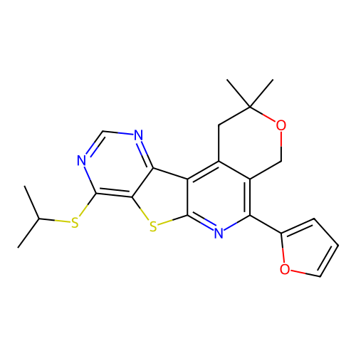 5-(furan-2-yl)-2,2-dimethyl-8-(propan-2-ylsulfanyl)-1,4-dihydro-2H-pyrano[4'',3'':4',5']pyrido[3',2':4,5]thieno[3,2-d]pyrimidine structure