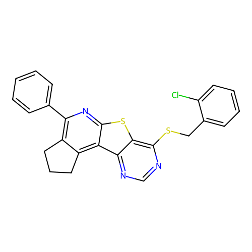 7-((2-chlorobenzyl)thio)-4-phenyl-2,3-dihydro-1H-cyclopenta[4',5']pyrido[3',2':4,5]thieno[3,2-d]pyrimidine structure