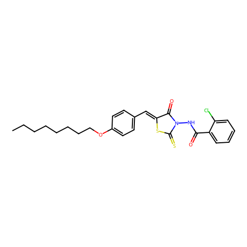 2-chloro-N-{(5Z)-5-[4-(octyloxy)benzylidene]-4-oxo-2-thioxo-1,3-thiazolidin-3-yl}benzamide structure