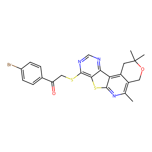 1-(4-bromophenyl)-2-((2,2,5-trimethyl-2,4-dihydro-1H-pyrano[4'',3'':4',5']pyrido[3',2':4,5]thieno[3,2-d]pyrimidin-8-yl)thio)ethanone structure