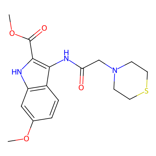 methyl 6-methoxy-3-[(thiomorpholin-4-ylacetyl)amino]-1H-indole-2-carboxylate structure