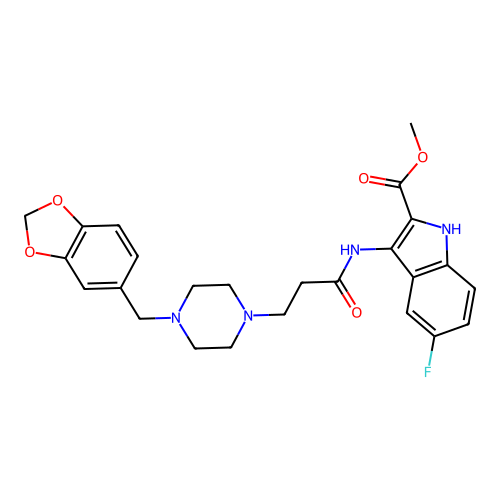 methyl 3-({3-[4-(1,3-benzodioxol-5-ylmethyl)piperazin-1-yl]propanoyl}amino)-5-fluoro-1H-indole-2-carboxylate structure
