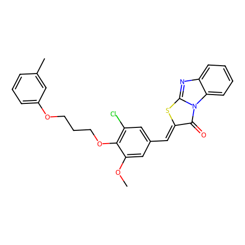(Z)-2-(3-chloro-5-methoxy-4-(3-(m-tolyloxy)propoxy)benzylidene)benzo[4,5]imidazo[2,1-b]thiazol-3(2H)-one structure