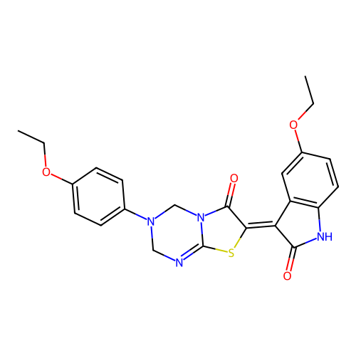(7Z)-7-(5-ethoxy-2-oxo-1,2-dihydro-3H-indol-3-ylidene)-3-(4-ethoxyphenyl)-3,4-dihydro-2H-[1,3]thiazolo[3,2-a][1,3,5]triazin-6(7H)-one structure