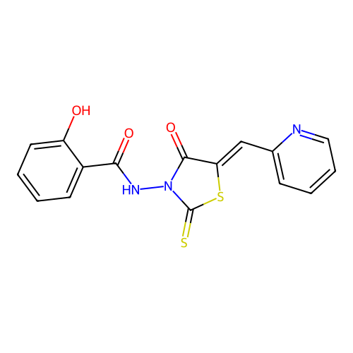 2-{[(5Z)-4-oxo-5-(pyridinium-2-ylmethylidene)-2-thioxo-1,3-thiazolidin-3-yl]carbamoyl}phenolate structure