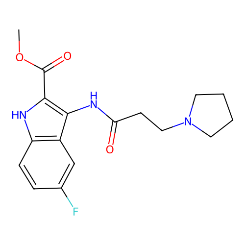1H-Indole-2-carboxylic acid, 5-fluoro-3-[3-(pyrrolidin-1-yl)propionylamino]-, methyl ester structure