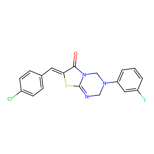 (7Z)-7-(4-chlorobenzylidene)-3-(3-fluorophenyl)-3,4-dihydro-2H-[1,3]thiazolo[3,2-a][1,3,5]triazin-6(7H)-one structure