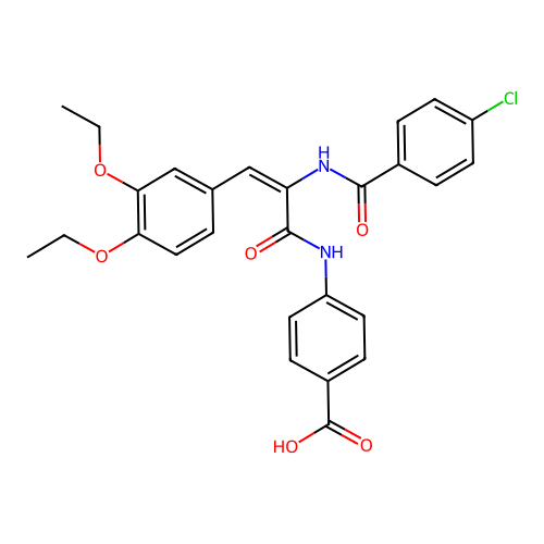 (E)-4-(2-(4-chlorobenzamido)-3-(3,4-diethoxyphenyl)acrylamido)benzoic acid structure