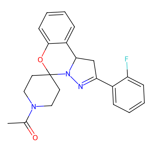 1-(2-(2-fluorophenyl)-1,10b-dihydrospiro[benzo[e]pyrazolo[1,5-c][1,3]oxazine-5,4'-piperidin]-1'-yl)ethanone structure