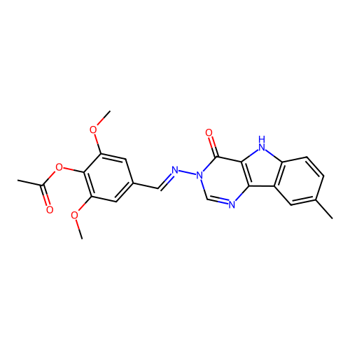(E)-2,6-dimethoxy-4-(((8-methyl-4-oxo-4,5-dihydro-3H-pyrimido[5,4-b]indol-3-yl)imino)methyl)phenyl acetate structure