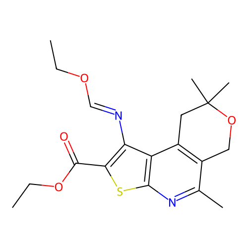 (E)-ethyl 1-((ethoxymethylene)amino)-5,8,8-trimethyl-8,9-dihydro-6H-pyrano[4,3-d]thieno[2,3-b]pyridine-2-carboxylate structure