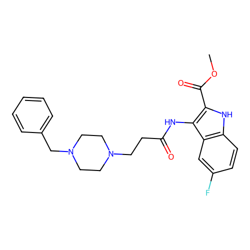 Methyl 3-[3-(4-benzylpiperazin-1-yl)propanoylamino]-5-fluoro-1H-indole-2-carboxylate structure