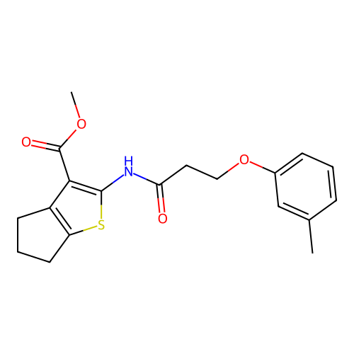 methyl 2-(3-(m-tolyloxy)propanamido)-5,6-dihydro-4H-cyclopenta[b]thiophene-3-carboxylate structure