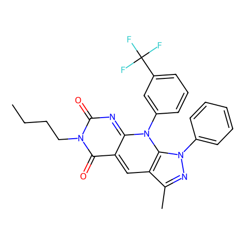 6-butyl-3-methyl-1-phenyl-9-(3-(trifluoromethyl)phenyl)-1H-pyrazolo[4',3':5,6]pyrido[2,3-d]pyrimidine-5,7(6H,9H)-dione structure