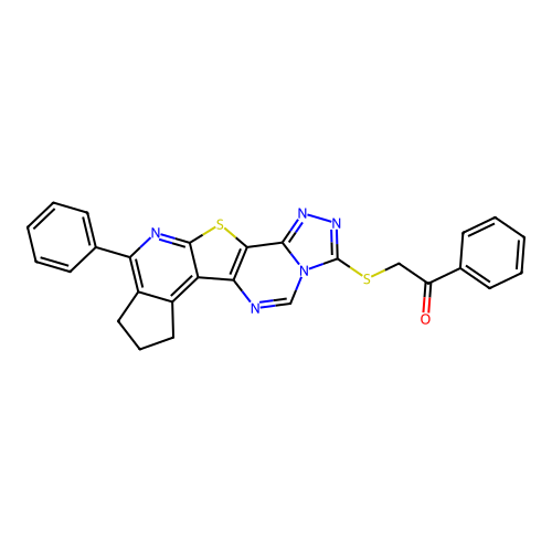 1-phenyl-2-((10-phenyl-8,9-dihydro-7H-cyclopenta[4',5']pyrido[3',2':4,5]thieno[2,3-e][1,2,4]triazolo[4,3-c]pyrimidin-3-yl)thio)ethanone structure