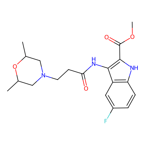 methyl 3-(3-(2,6-dimethylmorpholino)propanamido)-5-fluoro-1H-indole-2-carboxylate structure