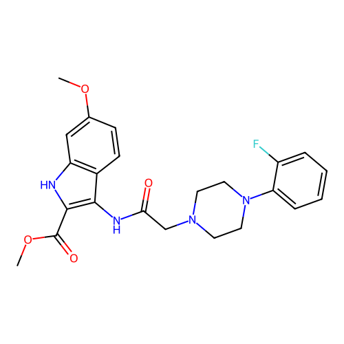 Methyl 3-[[2-[4-(2-fluorophenyl)piperazin-1-yl]acetyl]amino]-6-methoxy-1H-indole-2-carboxylate structure