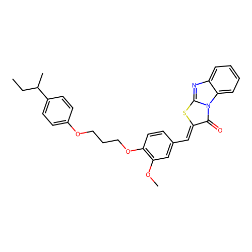 (Z)-2-(4-(3-(4-(sec-butyl)phenoxy)propoxy)-3-methoxybenzylidene)benzo[4,5]imidazo[2,1-b]thiazol-3(2H)-one structure