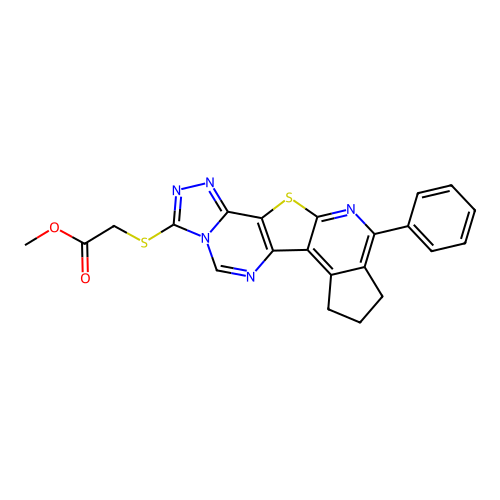 methyl [(10-phenyl-8,9-dihydro-7H-cyclopenta[4',5']pyrido[3',2':4,5]thieno[2,3-e][1,2,4]triazolo[4,3-c]pyrimidin-3-yl)sulfanyl]acetate structure