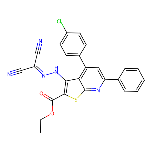ethyl 4-(4-chlorophenyl)-3-(2-(dicyanomethylene)hydrazinyl)-6-phenylthieno[2,3-b]pyridine-2-carboxylate structure