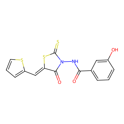 (Z)-3-hydroxy-N-(4-oxo-5-(thiophen-2-ylmethylene)-2-thioxothiazolidin-3-yl)benzamide structure