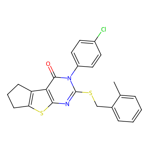 3-(4-chlorophenyl)-2-[(2-methylbenzyl)sulfanyl]-3,5,6,7-tetrahydro-4H-cyclopenta[4,5]thieno[2,3-d]pyrimidin-4-one structure