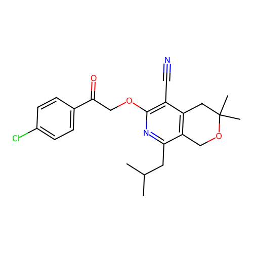 6-(2-(4-chlorophenyl)-2-oxoethoxy)-8-isobutyl-3,3-dimethyl-3,4-dihydro-1H-pyrano[3,4-c]pyridine-5-carbonitrile structure