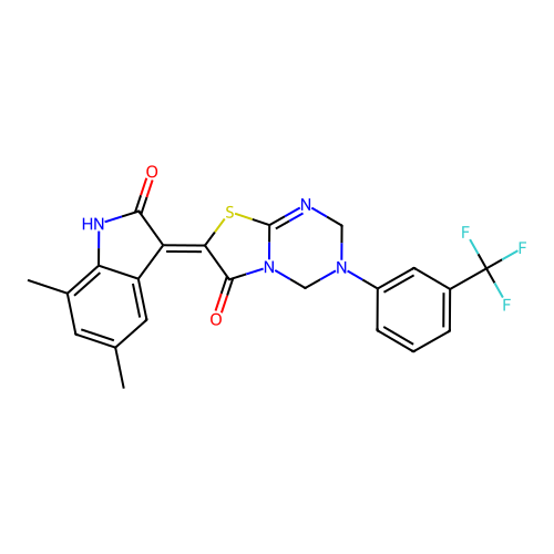 (Z)-7-(5,7-dimethyl-2-oxoindolin-3-ylidene)-3-(3-(trifluoromethyl)phenyl)-3,4-dihydro-2H-thiazolo[3,2-a][1,3,5]triazin-6(7H)-one structure