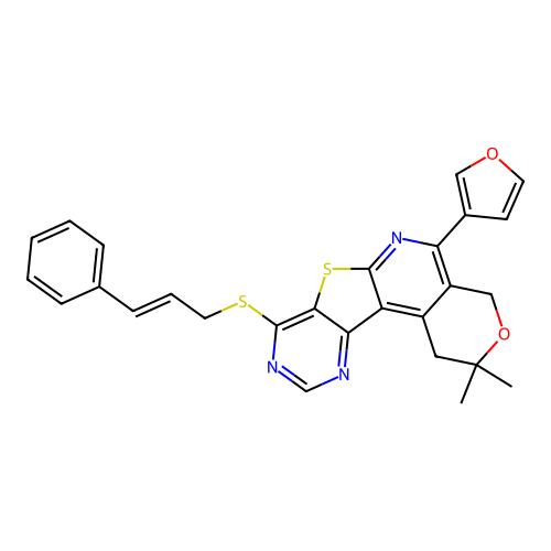 5-(furan-3-yl)-2,2-dimethyl-8-{[(2E)-3-phenylprop-2-en-1-yl]sulfanyl}-1,4-dihydro-2H-pyrano[4'',3'':4',5']pyrido[3',2':4,5]thieno[3,2-d]pyrimidine structure