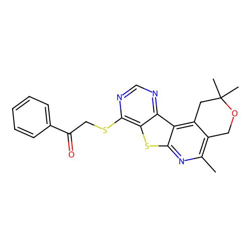 1-phenyl-2-((2,2,5-trimethyl-2,4-dihydro-1H-pyrano[4'',3'':4',5']pyrido[3',2':4,5]thieno[3,2-d]pyrimidin-8-yl)thio)ethanone structure