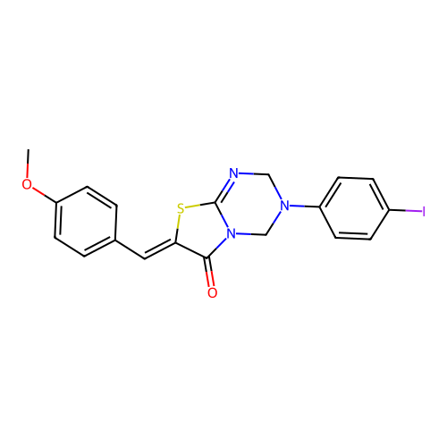 (Z)-3-(4-iodophenyl)-7-(4-methoxybenzylidene)-3,4-dihydro-2H-thiazolo[3,2-a][1,3,5]triazin-6(7H)-one structure