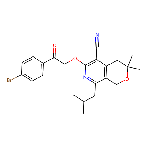 6-(2-(4-bromophenyl)-2-oxoethoxy)-8-isobutyl-3,3-dimethyl-3,4-dihydro-1H-pyrano[3,4-c]pyridine-5-carbonitrile structure