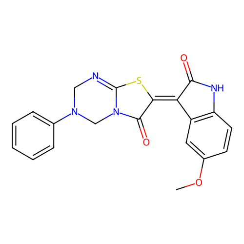 (7Z)-7-(5-methoxy-2-oxo-1,2-dihydro-3H-indol-3-ylidene)-3-phenyl-3,4-dihydro-2H-[1,3]thiazolo[3,2-a][1,3,5]triazin-6(7H)-one structure