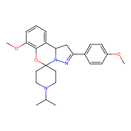 1'-isopropyl-7-methoxy-2-(4-methoxyphenyl)-1,10b-dihydrospiro[benzo[e]pyrazolo[1,5-c][1,3]oxazine-5,4'-piperidine] structure