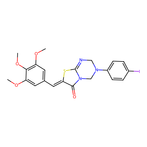 (Z)-3-(4-iodophenyl)-7-(3,4,5-trimethoxybenzylidene)-3,4-dihydro-2H-thiazolo[3,2-a][1,3,5]triazin-6(7H)-one structure