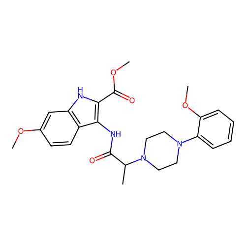 Methyl 6-methoxy-3-[2-[4-(2-methoxyphenyl)piperazin-1-yl]propanoylamino]-1H-indole-2-carboxylate structure