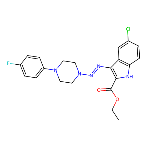 (E)-ethyl 5-chloro-3-((4-(4-fluorophenyl)piperazin-1-yl)diazenyl)-1H-indole-2-carboxylate structure