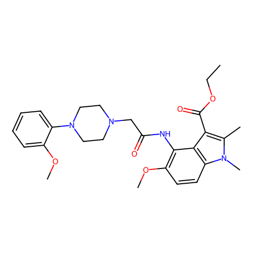 ethyl 5-methoxy-4-({[4-(2-methoxyphenyl)piperazin-1-yl]acetyl}amino)-1,2-dimethyl-1H-indole-3-carboxylate structure