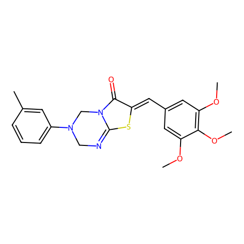 (7Z)-3-(3-methylphenyl)-7-(3,4,5-trimethoxybenzylidene)-3,4-dihydro-2H-[1,3]thiazolo[3,2-a][1,3,5]triazin-6(7H)-one structure