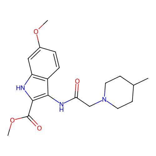 methyl 6-methoxy-3-(2-(4-methylpiperidin-1-yl)acetamido)-1H-indole-2-carboxylate structure