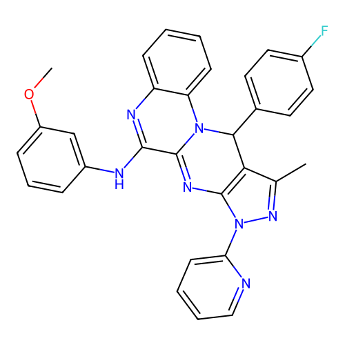 11-(4-fluorophenyl)-N-(3-methoxyphenyl)-10-methyl-8-(pyridin-2-yl)-8,11-dihydropyrazolo[3',4':4,5]pyrimido[1,2-a]quinoxalin-6-amine structure
