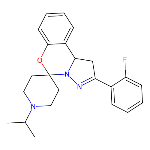 2'-(2-fluorophenyl)-1-(propan-2-yl)-1',10b'-dihydrospiro[piperidine-4,5'-pyrazolo[1,5-c][1,3]benzoxazine] structure