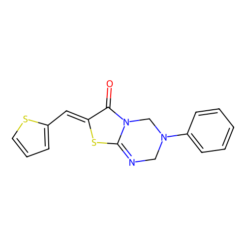 (7Z)-3-phenyl-7-(thiophen-2-ylmethylidene)-2,4-dihydro-[1,3]thiazolo[3,2-a][1,3,5]triazin-6-one structure