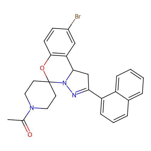 1-(9-bromo-2-(naphthalen-1-yl)-1,10b-dihydrospiro[benzo[e]pyrazolo[1,5-c][1,3]oxazine-5,4'-piperidin]-1'-yl)ethanone structure