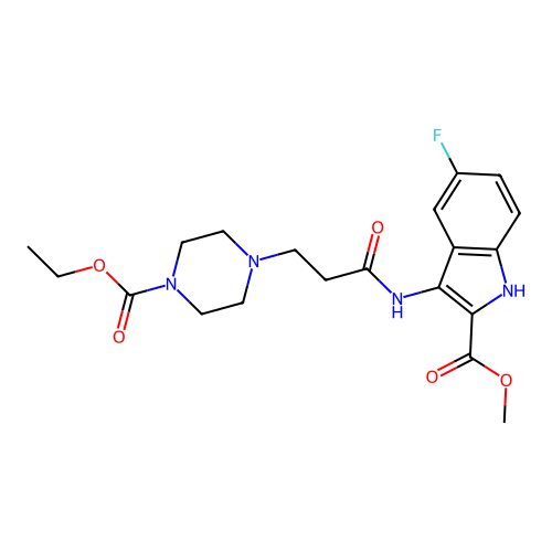 Methyl 3-[3-(4-ethoxycarbonylpiperazin-1-yl)propanoylamino]-5-fluoro-1H-indole-2-carboxylate structure