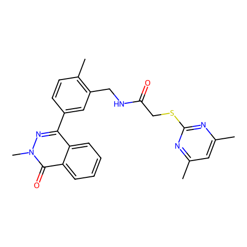 2-((4,6-dimethylpyrimidin-2-yl)thio)-N-(2-methyl-5-(3-methyl-4-oxo-3,4-dihydrophthalazin-1-yl)benzyl)acetamide structure