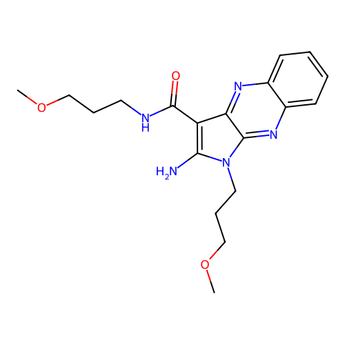 2-amino-N,1-bis(3-methoxypropyl)-1H-pyrrolo[2,3-b]quinoxaline-3-carboxamide structure
