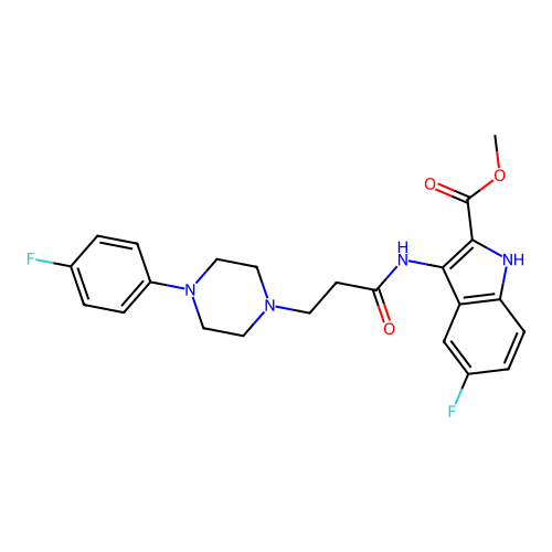 Methyl 5-fluoro-3-[3-[4-(4-fluorophenyl)piperazin-1-yl]propanoylamino]-1H-indole-2-carboxylate structure